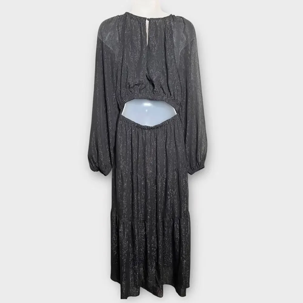 ANTHROPOLOGIE Moon River Crewneck Tiered Maxi Dress Black Shimmer Size Medium - Picture 3 of 7